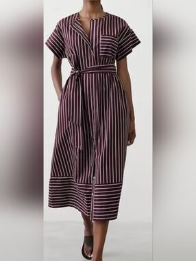 Like New Banana Republic Burgundy and White Striped Midi Shirt Dress Size M